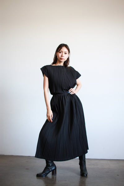 1980s Issey Miyake Black Cotton Pleated Skirt Set