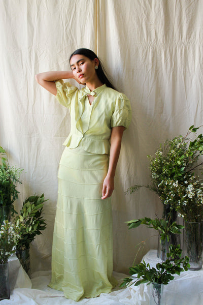 1930s Chartreuse Silk Taffeta Dress Set