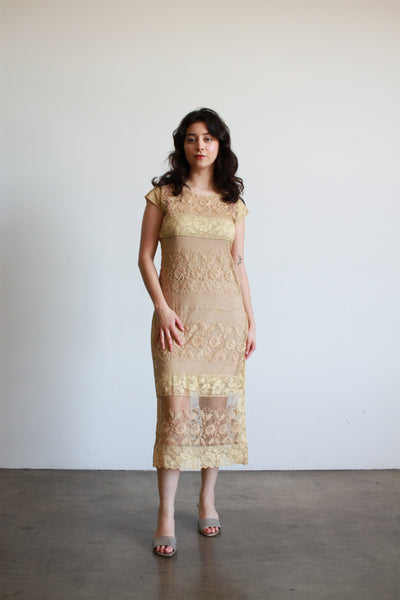 1920s Beige Filet Lace Embroidered Midi Dress
