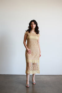 1920s Beige Filet Lace Embroidered Midi Dress