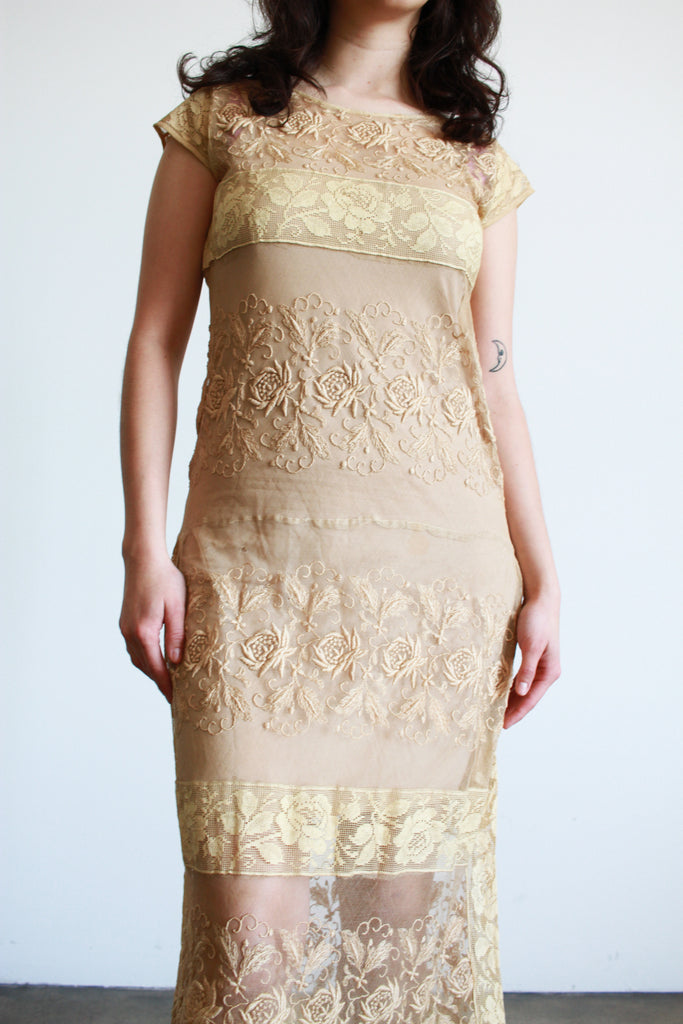 1920s Beige Filet Lace Embroidered Midi Dress Blossom Vintage 1920s Beige Filet Lace Embroidered Midi Dress Blossom Vintage