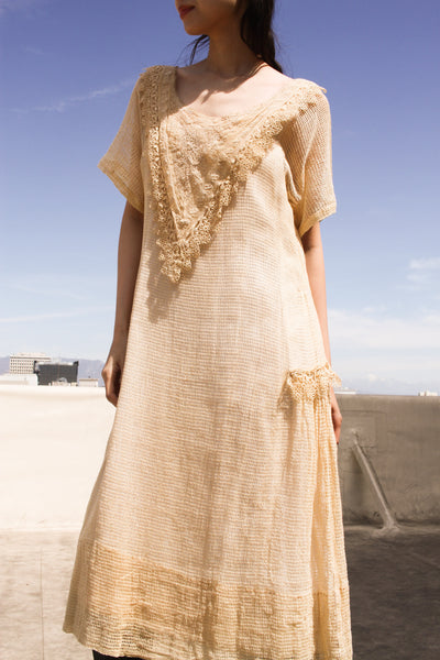 1920s Beige Crochet Woven Dress