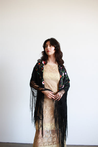 1930s Black Silk Canton Embroidered Fringe Piano Shawl
