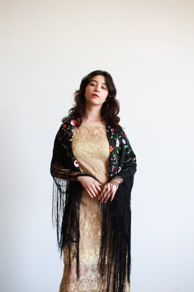 1930s Black Silk Canton Embroidered Fringe Piano Shawl