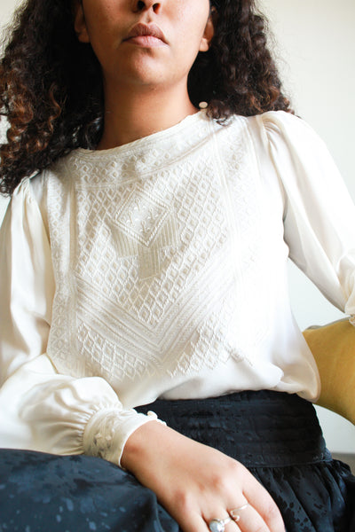 1980s Cream Silk Embroidered Yolk Blouse