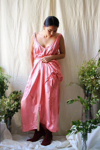 1920s Rare Rouge Pink Satin Honeycomb Damask Dress