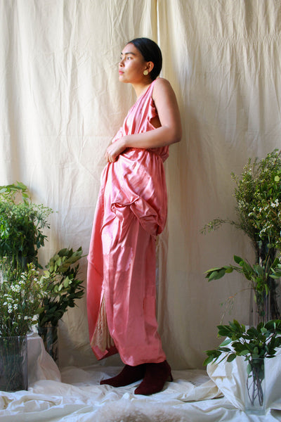 1920s Rare Rouge Pink Satin Honeycomb Damask Dress