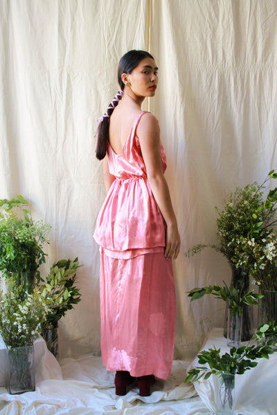 1920s Rare Rouge Pink Satin Honeycomb Damask Dress