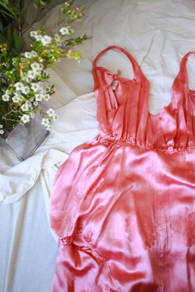 1920s Rare Rouge Pink Satin Honeycomb Damask Dress