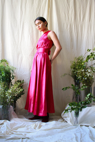 1950s Silk Fuschia Wood Grain Print Gown