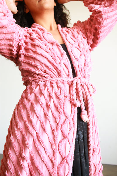 1940s Pink Chenille Chevron Dressing Robe