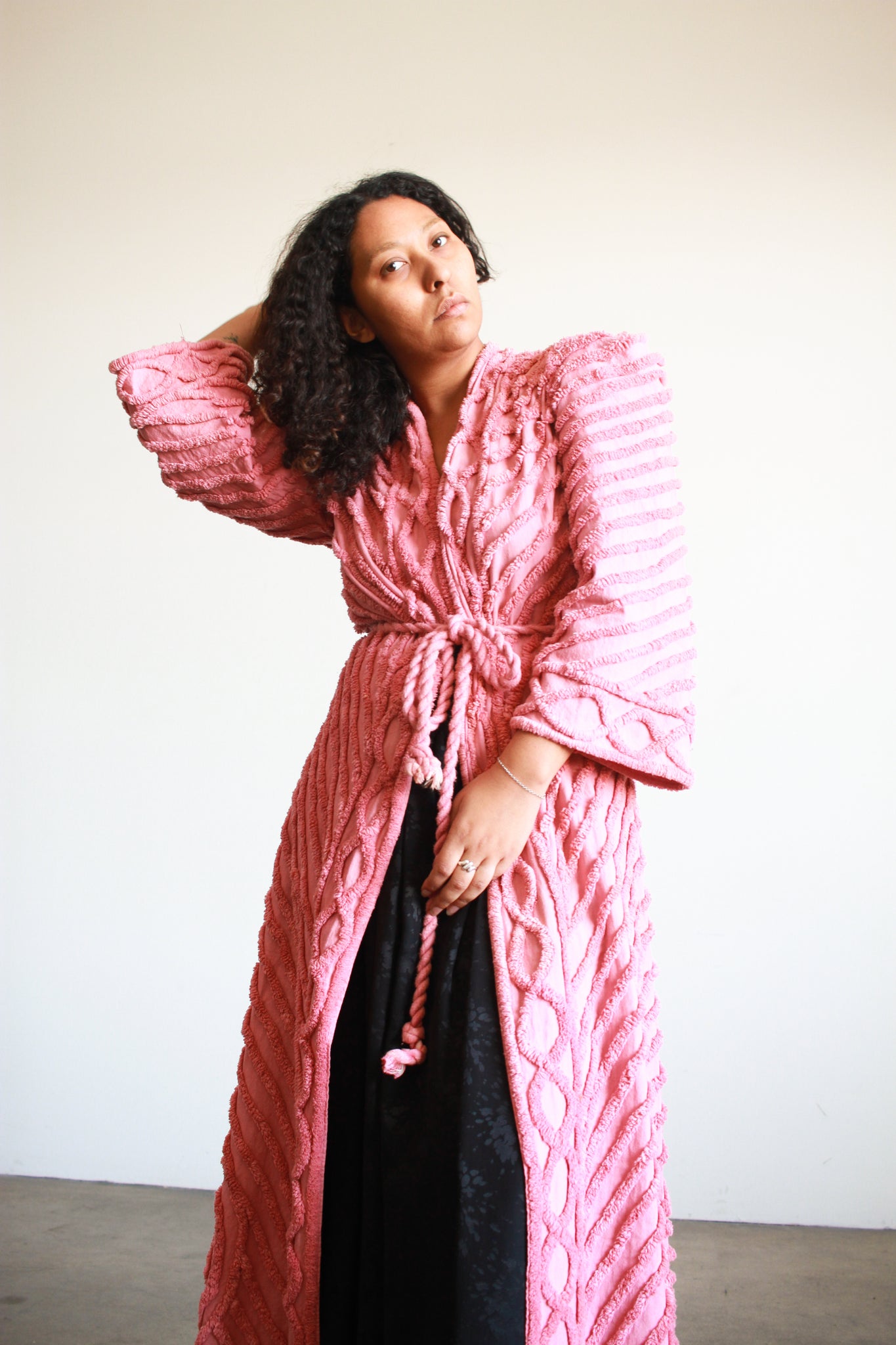 1940s Pink Chenille Chevron Dressing Robe