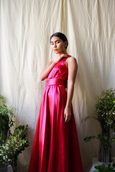 1950s Silk Fuschia Wood Grain Print Gown