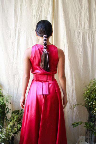 1950s Silk Fuschia Wood Grain Print Gown