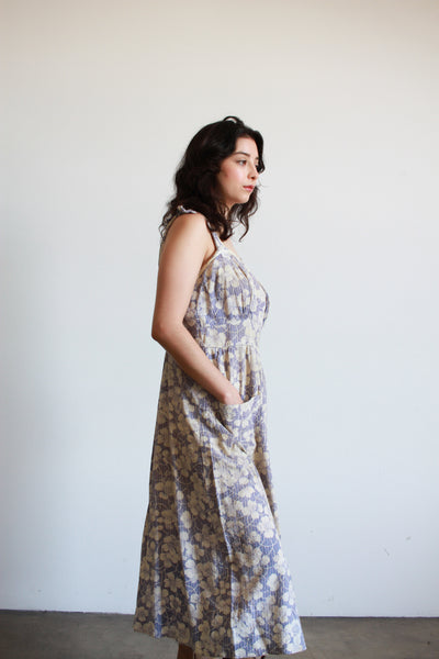 1950s Lilac Cotton Floral Print Midi Dress