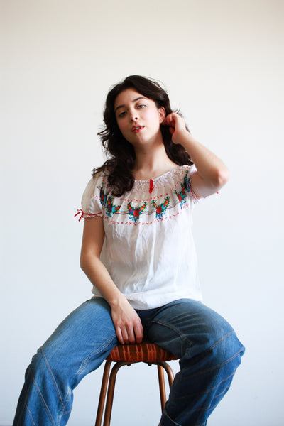 1960s White Hungarian Embroidered Rayon Blouse