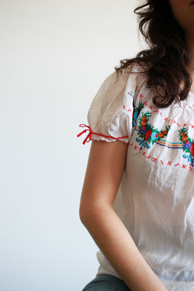 1960s White Hungarian Embroidered Rayon Blouse