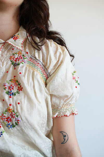 1940s Silk Hungarian Embroidered Peasant Blouse