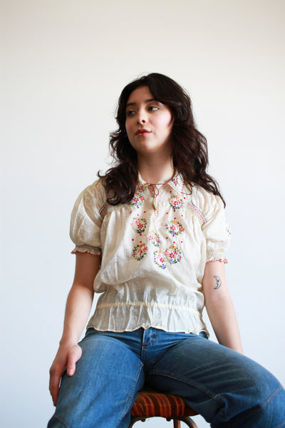 1940s Silk Hungarian Embroidered Peasant Blouse