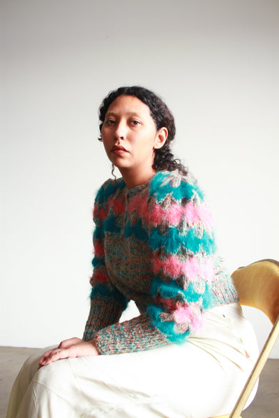 1980s Turquoise Striped Angora Knit Sweater