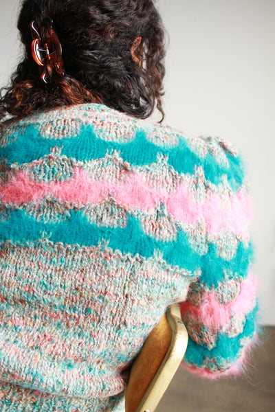 1980s Turquoise Striped Angora Knit Sweater