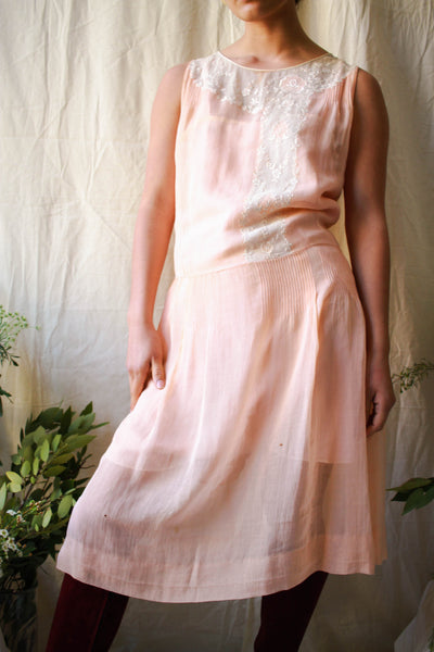 1920s Blush Embroidered Sleeveless Day Dress