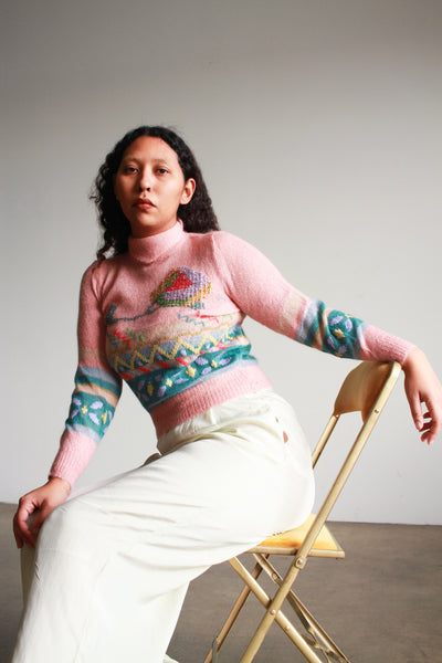 1970s Pink Angora Cross-Stitch Sweater