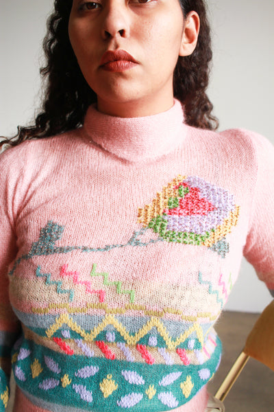 1970s Pink Angora Cross-Stitch Sweater
