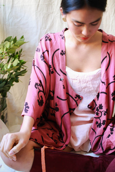 1940s Mauve Ginkgo Print Crepe Michiyuki Kimono