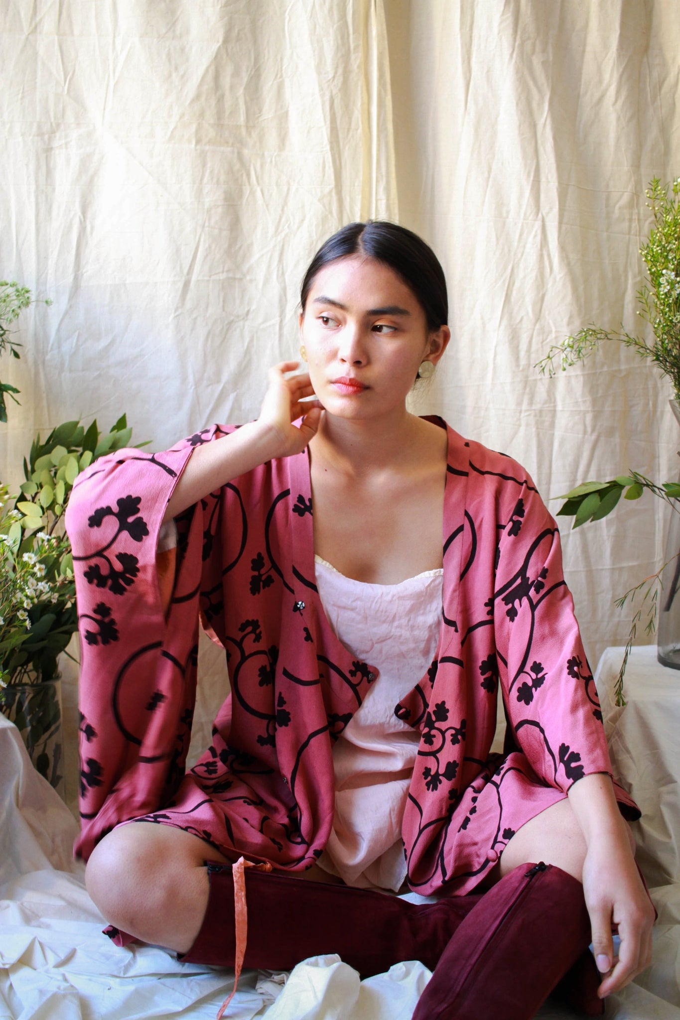 1940s Mauve Ginkgo Print Crepe Michiyuki Kimono