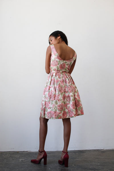 1950s Silk Rose Print Damask Flare Dress