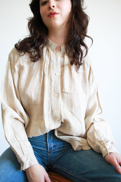 1980s Sand Beige Linen Smock Blouse