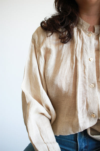 1980s Sand Beige Linen Smock Blouse