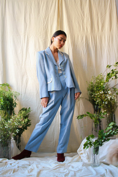 1980s Jaeger Cornflower Blue Linen Pant Suit