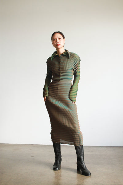 1990s Issey Miyake Green Irredescent Pleated Skirt Set