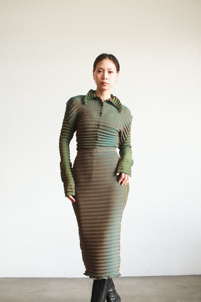 1990s Issey Miyake Green Irredescent Pleated Skirt Set