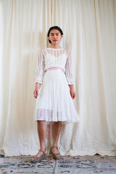 1950s Lim's Crochet Knit White Boho Dress