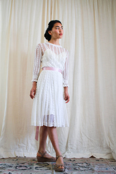 1950s Lim's Crochet Knit White Boho Dress