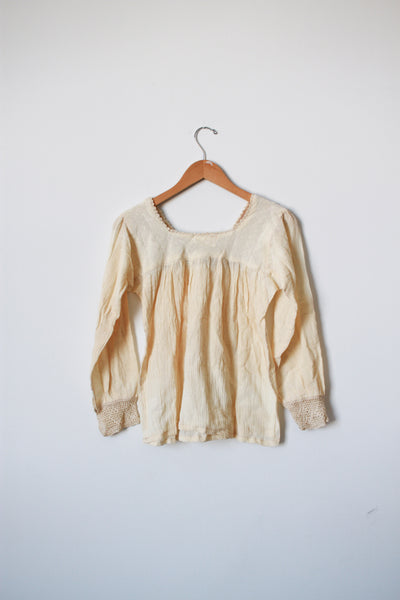 1970s Deadstock Indian Gauzy Cotton Natural Crochet Blouse