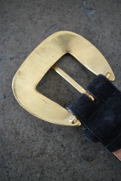 1990s Brighton Black Thick Suede Gold Buckled Belt