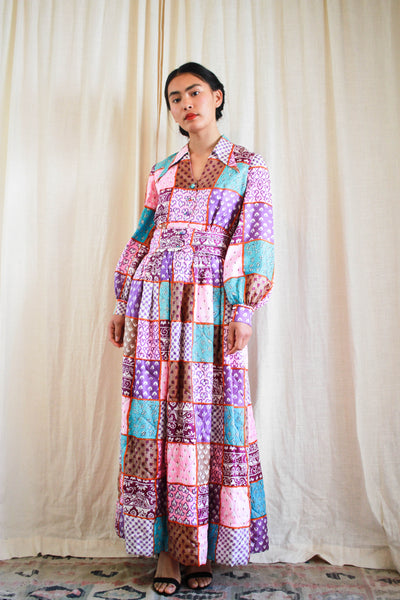 1970s Bill Tice Quilted Patchwork Print Maxi Dress