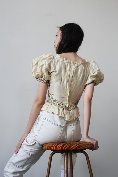 Victorian Cream Silk Boned Puff Sleeve Bodice