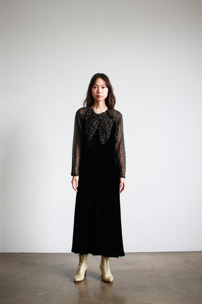 1930s Silk Velvet Black Bias Cut Bow Gown