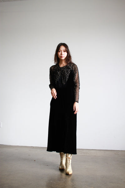 1930s Silk Velvet Black Bias Cut Bow Gown