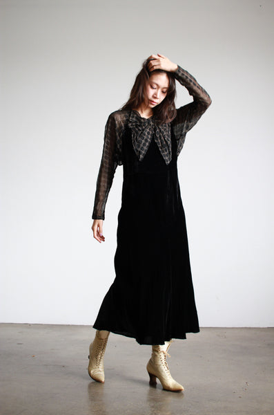 1930s Silk Velvet Black Bias Cut Bow Gown