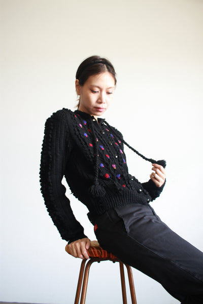 1970s Bavarian Black Popcorn Knit Cardigan