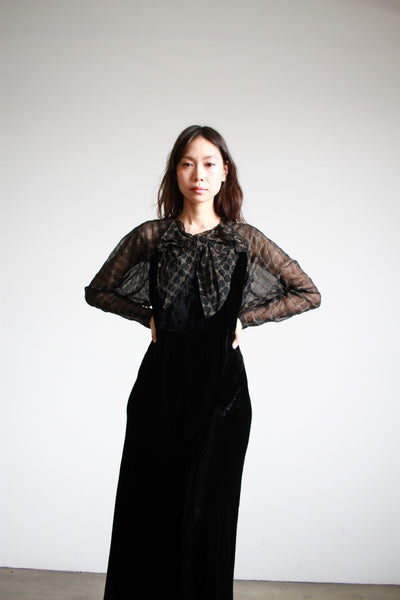 1930s Silk Velvet Black Bias Cut Bow Gown