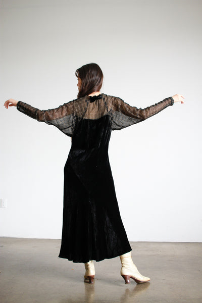 1930s Silk Velvet Black Bias Cut Bow Gown