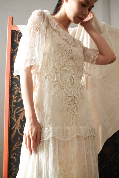 Edwardian Net Lace Embroidered Drop Waist Dress