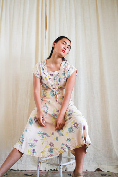 1940s Fan Motif Pink Rayon Dress